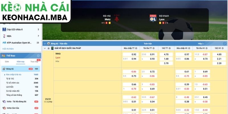 Kèo châu Á trận Metz vs Lyonnais (23:15 25/01, Ligue)