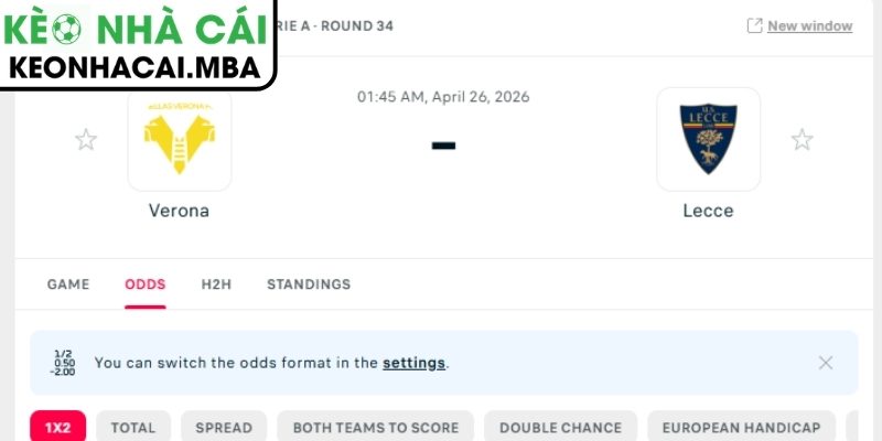 Dự đoán kết quả trận Hellas Verona và Lecce (01:45 26/04, Serie A)